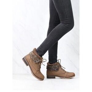 Refresh Ankle Boots Brown Lace Up Sweater Cuff Combat Booties‎ Woman's  7